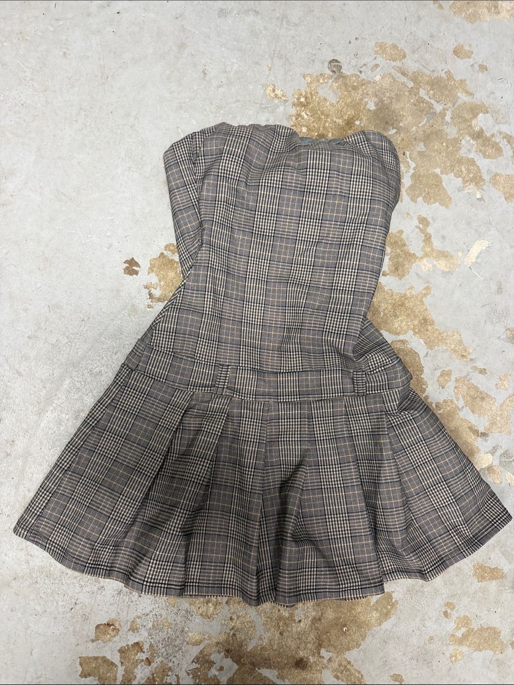 NWOT Plaid Strapless Fit-and-Flare Dress Gray Brown Black Skater Mini XS